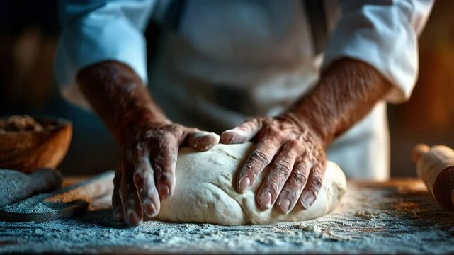 Extreme Close-Up of Baker&rsquo;s Hands Kneading Dough on Floured Countertop