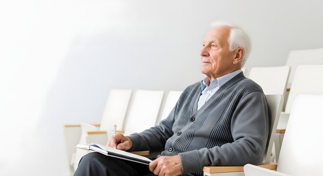 An elderly man in a gray cardigan sitting and writing in a bright white room