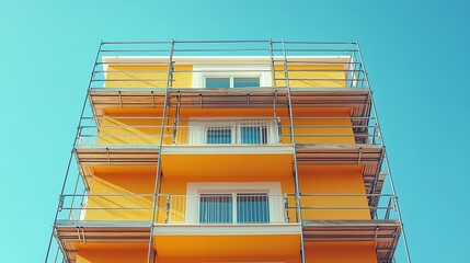 Yellow building renovation, scaffolding, sunny sky, exterior