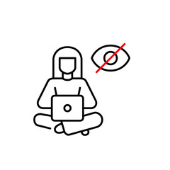 Vector icon of woman sitting with legs crossed working at laptop with crossed-out eye, symbolizing private work, hidden activity, or invisible online presence. Ideal for remote work apps, privacy sett