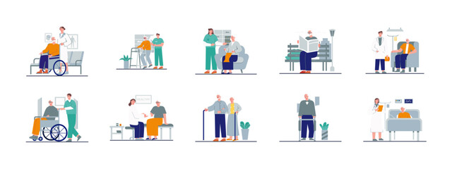 Nursing home illustration set. Senior housing, long term care, healthcare services. Flat vector illustration concept.