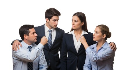 Two business couples facing off with fists clenched on a white background