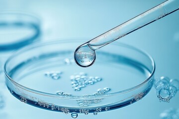 Close-up of a single clear liquid drop hanging from a glass dropper above a petri dish filled with bubbles in a scientific laboratory setting