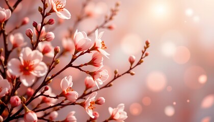 a close up of cherry blossoms against a soft blurred background, creating an atmospheric springtime effect