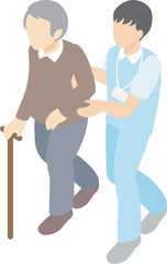 アイソメトリック　介護　福祉　医療　人物　男性　看護師　介護福祉士　シニア　高齢者　イラスト