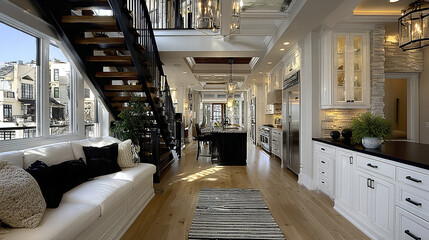 Obraz premium Luxurious open space with hardwood floors, modern kitchen, and elegant staircase