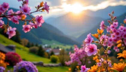 Fototapeta premium a vibrant spring garden with pink blossoms in full bloom, creating a picturesque setting against a backdrop of a mountain valley and a clear blue sky at sunrise or sunset