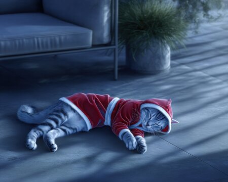 A gray tabby cat wearing a Santa Claus outfit sleeps outdoors at night