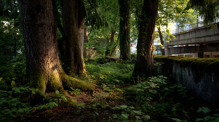Obraz premium Lush forest scene with sunlight filtering through trees.