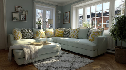 cozy modern lounge featuring light colored sectional sofa adorned with decorative pillows