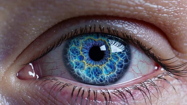 Close view of a human eye showcasing intricate blue and yellow pattern