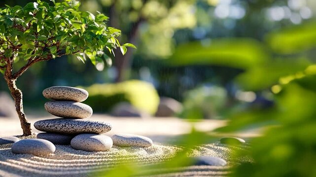 Stacked stones in a zen garden symbolizing balance and harmony under a lush green tree