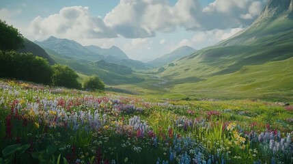 Idyllic Meadow with Wildflowers and Rolling Green Hills Landscape