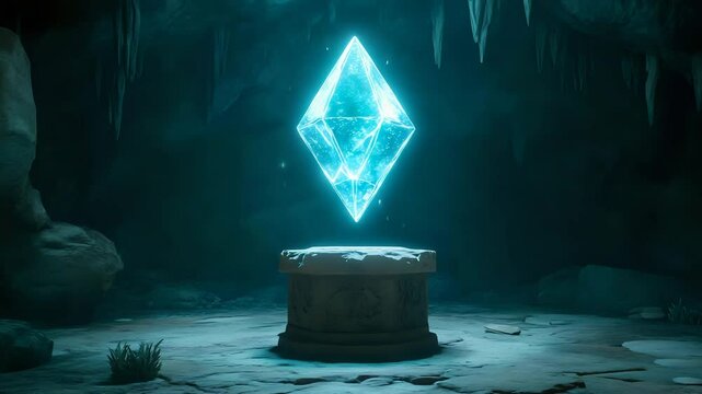 Animated-style glowing crystal hovering above a stone pedestal in a fantasy cave with atmospheric lighting