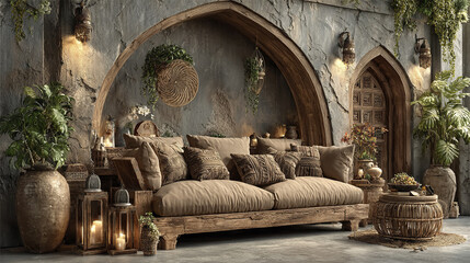 Obraz premium cozy boho living room featuring neutral sofa adorned with tribal pillows, surrounded by plants