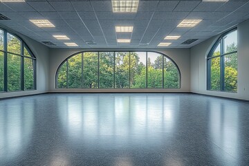 Empty room with large arched windows overlooking green trees, reflecting on shiny floor under bright ceiling lights in modern building