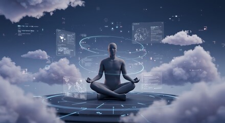 Fototapeta premium Calm Tech: Meditation Scene in Futuristic UI World
