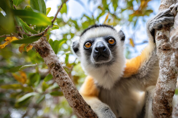Fototapeta premium Diademed Sifaka Climbing Tree in Madagascar's Rainforest