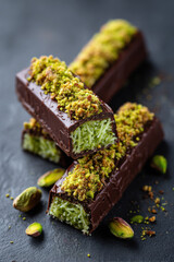 Vegan Dubai chocolate with crispy kataifi dough and emerald pistachio paste. Dark background