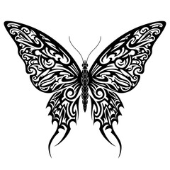 Intricate black and white butterfly illustration with detailed wing patterns and symmetrical design elements