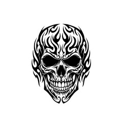 Obraz premium Detailed black and white skull with tribal flame like designs surrounding the head on a white background