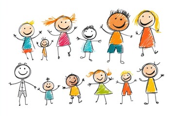 Children's drawings of a diverse family group.