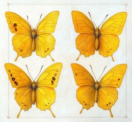 Four yellow butterflies arranged in a symmetrical grid on a light background, showing detailed wing patterns and textures with slight variations and natural imperfections