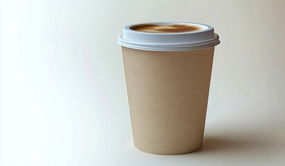 Disposable coffee cup with a white plastic lid filled with cappuccino or latte showing milk foam art on top against a neutral background