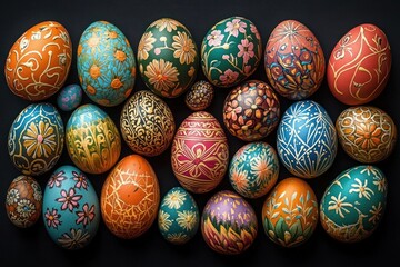 Collection of vibrantly painted decorative eggs featuring intricate floral and geometric patterns in various bright colors on a dark background