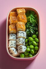 Lunchbox with grilled tofu cubes with sesame seeds, rice rolls sprinkled with black sesame seeds, fresh green edamame beans, chopped scallions, and green lettuce leaves on a pink background