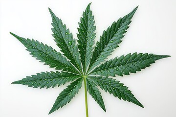 Single green leaf with serrated edges and water droplets against white background