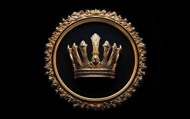 ornate golden crown displayed within an intricately detailed golden circular frame against a black background evoking luxury and regality