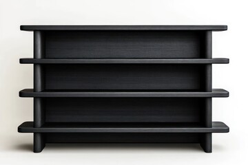 Minimalist black wooden shelving unit with four horizontal shelves against a white background