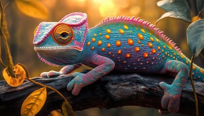 Colorful chameleon with bright blue, pink, and orange skin perched on a dark branch surrounded by yellow and green leaves under warm sunlight