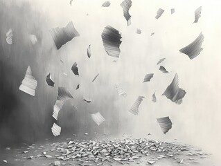 Black and white abstract image of scattered, torn paper pieces floating and lying on a surface against a gradient background, evoking a sense of fragmentation and motion