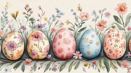 Row of five decorated eggs with intricate floral patterns surrounded by delicate blooming flowers and leaves, evoking a serene and festive spring atmosphere