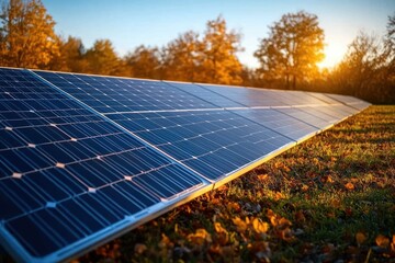 Row of solar panels capturing sunlight in a field with autumn trees and golden sunlight in the background