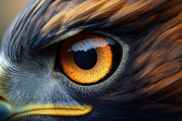 Close-up of a majestic bird of prey eye with vibrant orange iris and detailed feathers showing intense focus and power