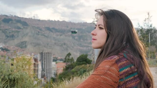 white-skinned woman on vacation in the city of la paz, bolivia - vacation concept