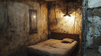 Dusty, dilapidated room with a simple bed.