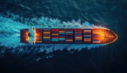 Top view of a large cargo ship sailing through deep blue ocean waters with colorful containers neatly arranged on deck and bright lights glowing at bow and stern
