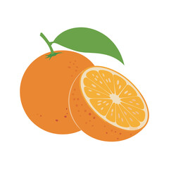 Fresh Orange Fruit with Leaf and Cross Section – Flat Citrus Vector Illustration