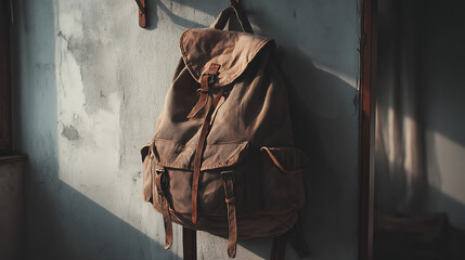 Old backpack hanging on a wall in soft light.