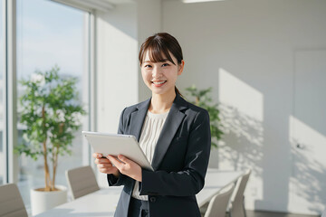Professional Asian woman using tablet in bright corporate space, representing digital efficiency, confidence, and leadership for modern business strategies
