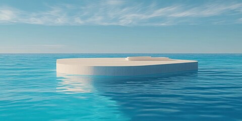 Minimalist white concrete platform floating on calm blue ocean under a partly cloudy sky during daytime