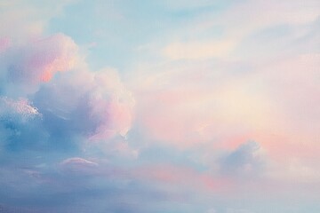 Soft pastel colored sky with fluffy clouds during sunrise or sunset creating a calm and dreamy atmosphere