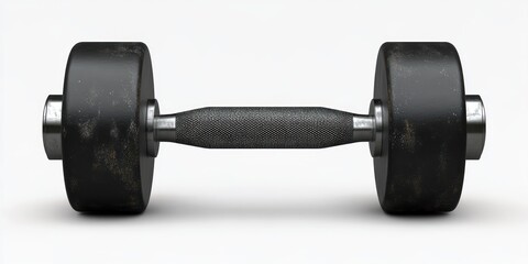 Single black metal dumbbell with textured grip lying flat on a white background