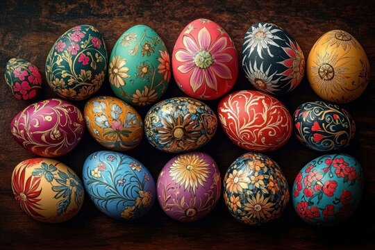 Easter eggs decorated with intricate floral and botanical patterns in various vibrant colors displayed on a wooden surface