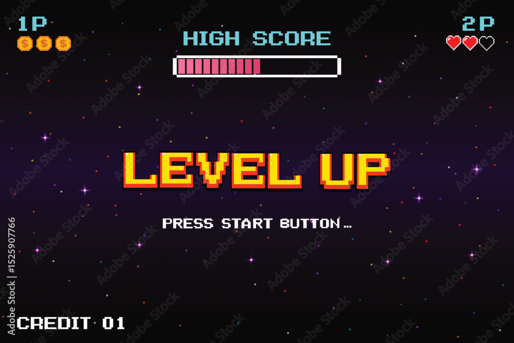 Poster level up. press start button. pixel art .8 bit game. retro game. for game assets in vector illustrat