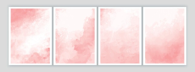 Set of pink backgrounds with watercolor red and pink paint stains on white background with space for text, cards for birthday, wedding, daughter s birth design. Vector illustration.